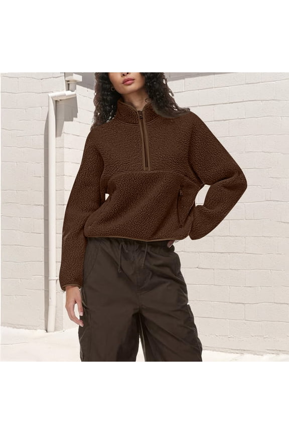 Women Half Zip Fleece Sweatshirt Mock Neck Long Sleeve Winter Cozy Sherpa Pullover Sweater Tops