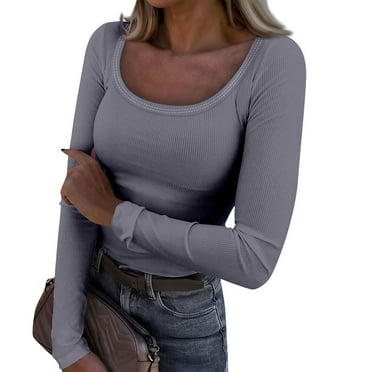 BDPORKAS Women Long Sleeve Scoop Neck Shirts Rib Knit Slim Fit Basic Tee Tops Casual T-Shirt Going Out Workout Outfits Gray