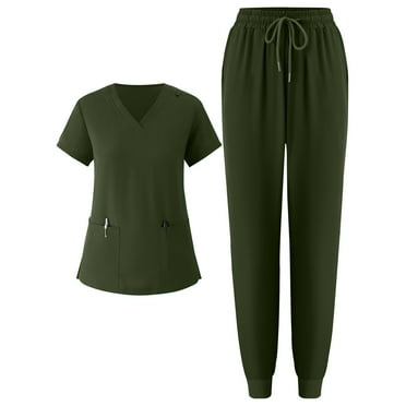 BDPORKAS Women Scrub Set Workwear Yoga Jogger V-Neck Pocket Top & Drawstring Jogger Scrub Pants Cozy Fit Solid Nursing Scrubs Set Uniform