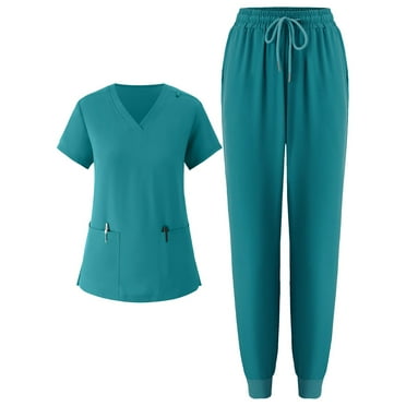 BDPORKAS Women Scrub Set Workwear Yoga Jogger V-Neck Pocket Top & Drawstring Jogger Scrub Pants Cozy Fit Solid Nursing Scrubs Set Uniform