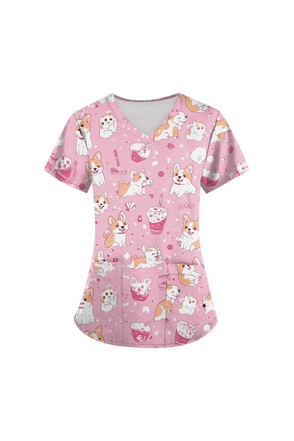 Women Scrubs Cartoon Cute Nurse Uniforms Lightweight V Neck Short Sleeve Soft Working Tee with Pocket