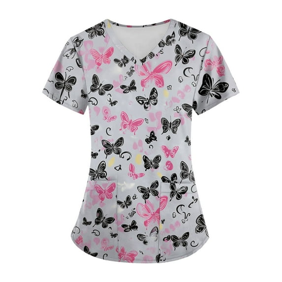 BDPORKAS Women Scrubs Characters Cartoon Cute Nurse Uniforms Lightweight V Neck Short Sleeve Soft Working Tee with Pocket