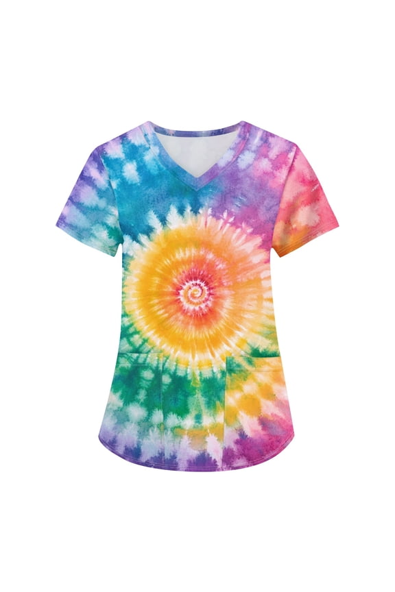 Women Scrubs Nurse Uniforms Stretch Short Sleeve V Neck Nursing Scrub Fashion Tie Dye Graphic Soft Shirts with Pocket