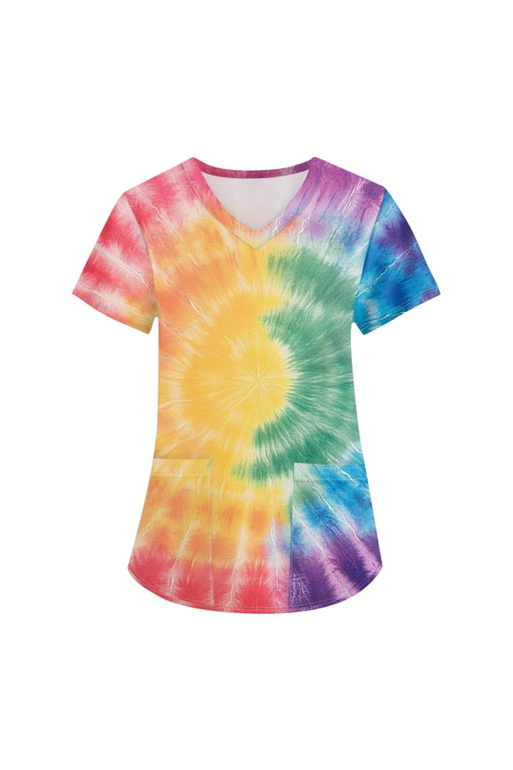 Women Scrubs Nurse Uniforms Stretch Short Sleeve V Neck Nursing Scrub Fashion Tie Dye Graphic Soft Shirts with Pocket