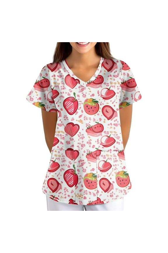 Women Scrubs Nurse Uniforms Stretch Short Sleeve with Pockets Scrub Tops Cartoon Cute Nurse Tee