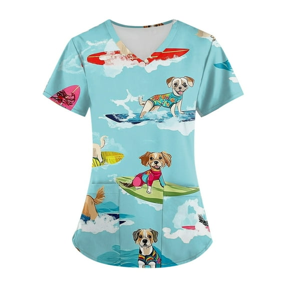 BDPORKAS Women Scrubs Nurse Uniforms Stretch Short Sleeve with Pockets Scrub Tops Characters Cartoon Cute Soft Nurse Tee