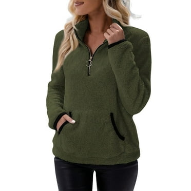 BDPORKAS Women's Casual Fall Long Sleeve Sherpa Fleece Sweatshirt Quarter Zip Pullover Jacket Coat with Pocket Warm Winter Clothes Army Green L
