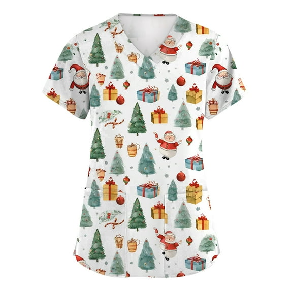 BDPORKAS Women's Christmas Nursing Uniform Cute Santa Snowman Print Scrub Tops with Two Pockets Short Sleeve V Neck Workwear Stretchy Working Uniform Scrubs