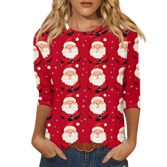 BDPORKAS Women's Christmas Shirt Christmas Women's Tops Cute Xmas Printed Funny Christmas Tshirts Plus Size Crew Neck 3/4 Length Sleeve Womens Tops Christmas Costume Outfits