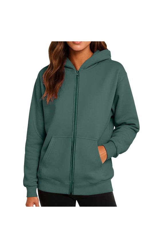 Women's Fleece-Lined Zip Up Hoodies Comfy Lightweight Sweatshirt Jacket with Pockets Dark Green