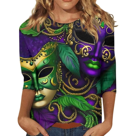 BDPORKAS Women's Mardi Gras Shirt 2025 Trendy 3/4 Sleeve Mardi Gras Tops Round Neck Glitter Mask Print Graphic Tees Carnival Themed Costumes Party Shirts