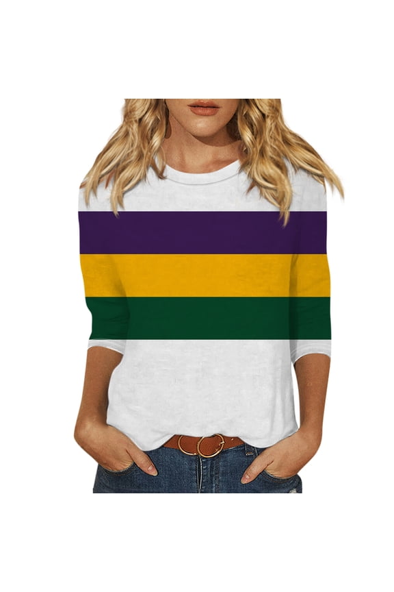 Women's Mardi Gras Shirt 2025 Trendy 3/4 Sleeve Tunic Tops Crew Neck Pullover Glitter Mask Print Graphic Tees Funny Gifts Parade Tshirt