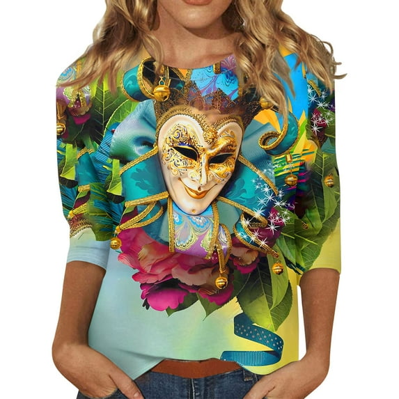 BDPORKAS Women's Mardi Gras Shirt 3/4 Sleeve Round Neck Carnival Themed 3d Print Graphic Tees Novelty Party Blouses Casual Loose Fit Mardi Gras Outfit