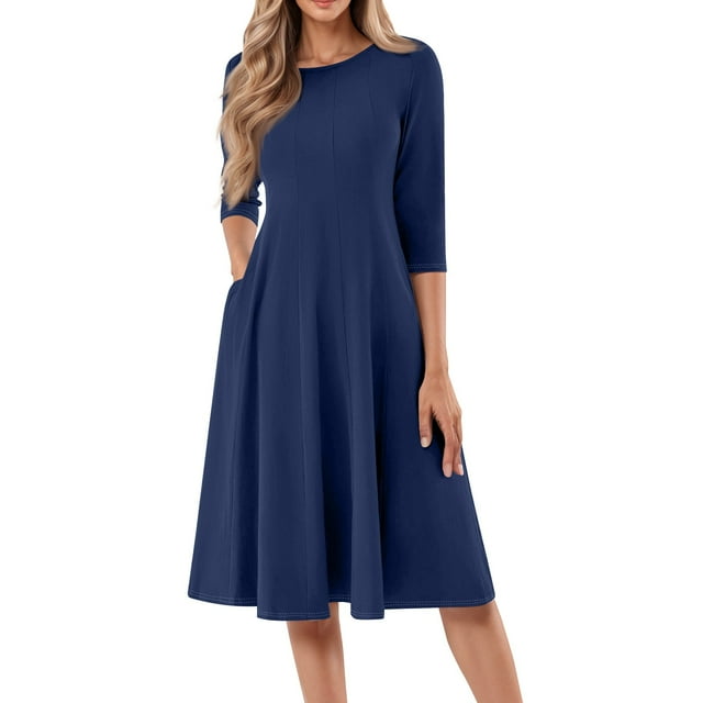 BDPORKAS Women's Midi Dresses 3/4 Sleeve Casual A-Line Crewneck Flare ...