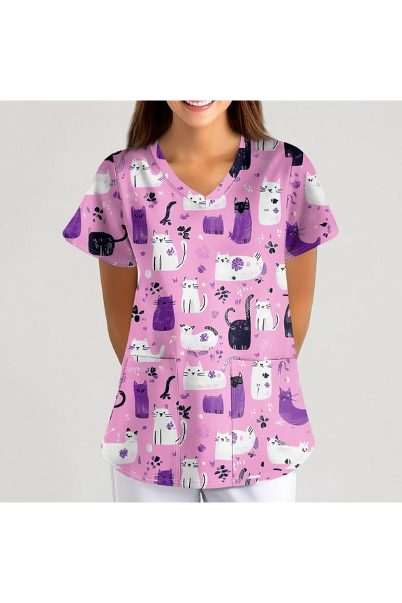 Women's Nursing Uniform Cute Cat Print Scrub Tops Summer Short Sleeve V Neck Workwear Stretchy Working Scrubs
