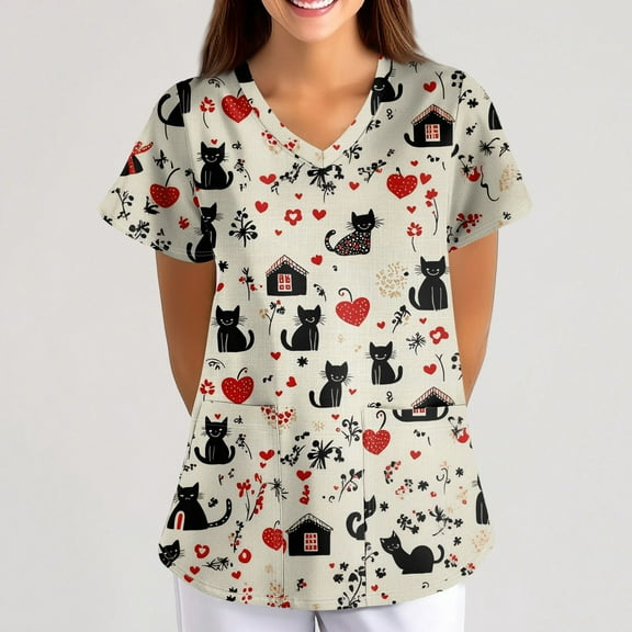 BDPORKAS Women's Nursing Uniform Cute Cat Print Scrub Tops Summer Short Sleeve V Neck Workwear Stretchy Working Scrubs