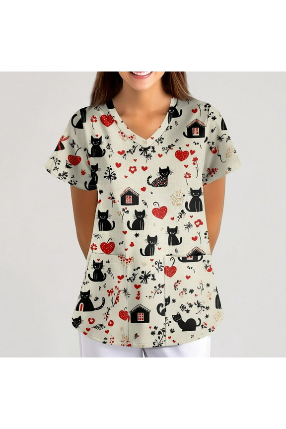 Women's Nursing Uniform Cute Cat Print Scrub Tops Summer Short Sleeve V Neck Workwear Stretchy Working Scrubs