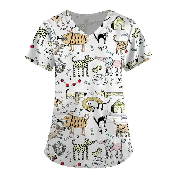 BDPORKAS Women's Nursing Uniform Cute Cat Print Scrub Tops with Two Pockets Short Sleeve V Neck Workwear Stretchy Breathable Working Uniform Scrubs