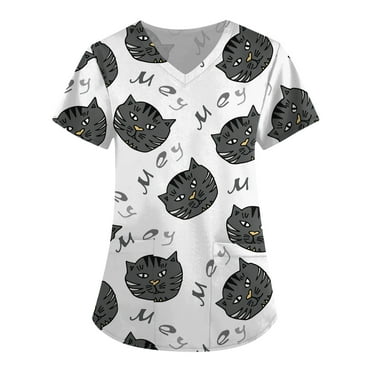 BDPORKAS Women's Nursing Uniform Cute Cat Print Scrub Tops with Two Pockets Short Sleeve V Neck Workwear Stretchy Breathable Working Uniform Scrubs