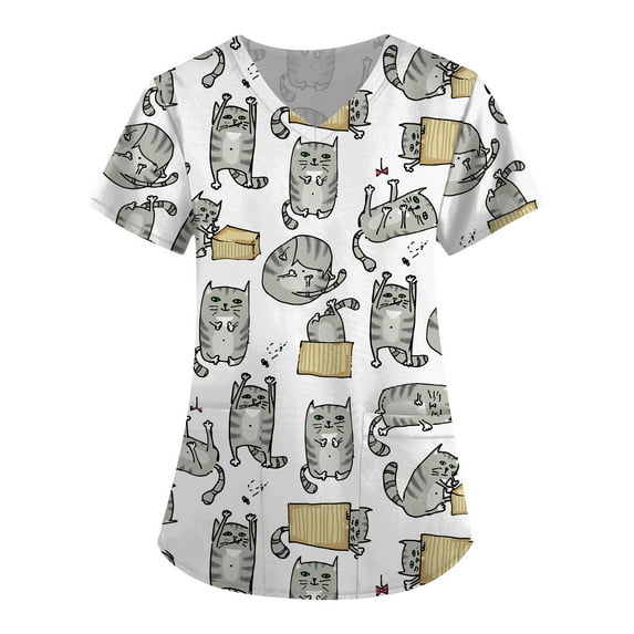 BDPORKAS Women's Nursing Uniform Cute Cat Print Scrub Tops with Two Pockets Short Sleeve V Neck Workwear Stretchy Breathable Working Uniform Scrubs
