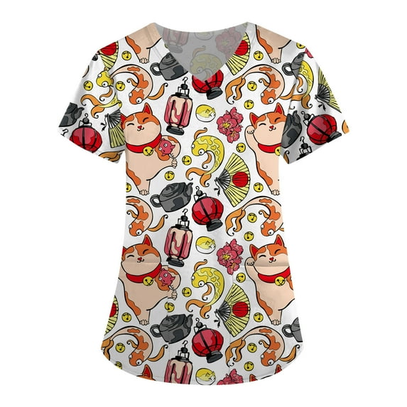 BDPORKAS Women's Nursing Uniform Cute Cat Print Scrub Tops with Two Pockets Short Sleeve V Neck Workwear Stretchy Breathable Working Uniform Scrubs
