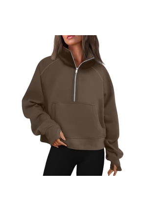 Women's Oversized Hoodies Sweatshirt Quarter-Zip Mock Neck Fleece Pullover Hoodie Tops with Thumb Holes Brown XL