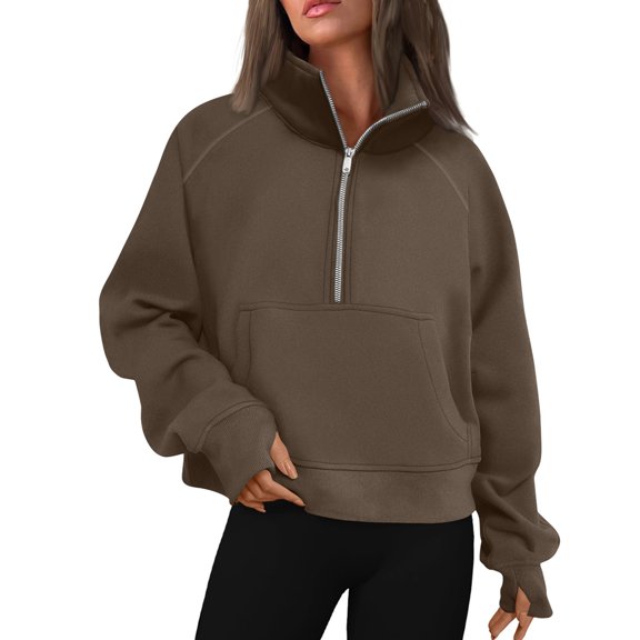 BDPORKAS Women's Oversized Hoodies Sweatshirt Quarter-Zip Mock Neck Fleece Pullover Hoodie Tops with Thumb Holes Brown XL