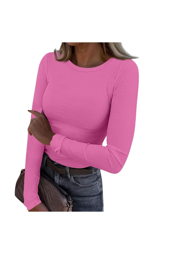 Women's Ribbed Knit Stretch Shirts Crew Neck Long Sleeve Solid Color Undershirt Casual Pullover Jumper Tops Hot Pink