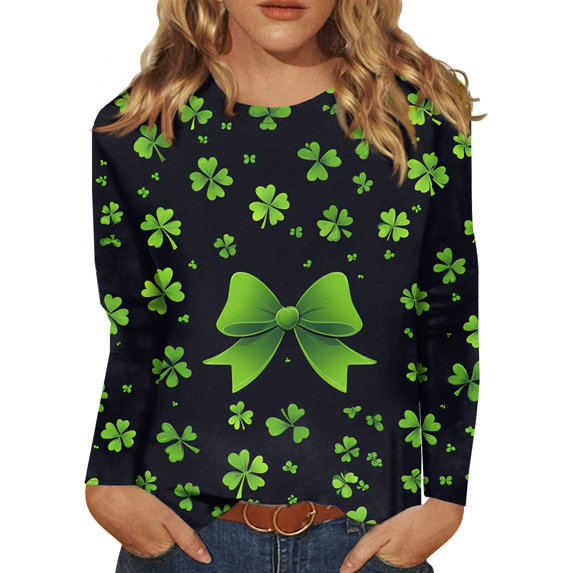 BDPORKAS Women's St Patrick's Day T-Shirt Lucky Irish Shamrock Long Sleeve Paddy's Day Graphic Tees Tops