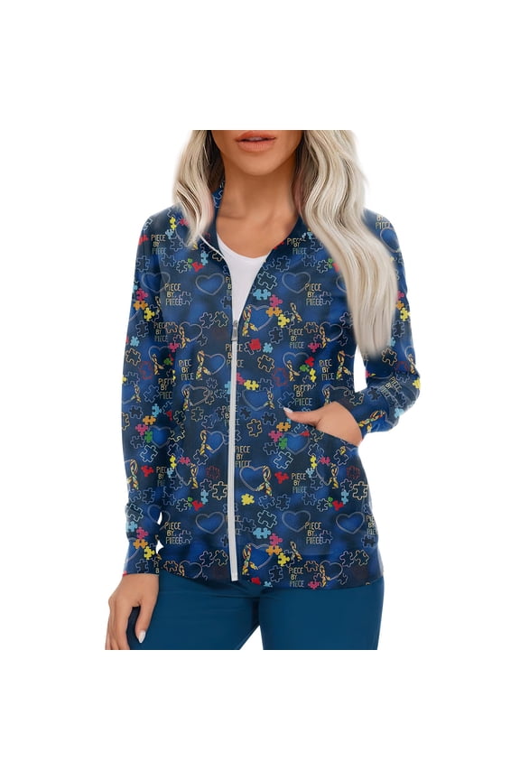 Women's Ultra Soft Stretch Zip Up Scrub Jacket Floral Print Long Sleeve Scurbs Tops