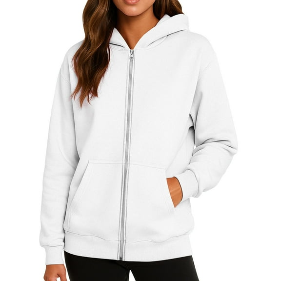 BDPORKAS Women's Zip Up Fleece Jacket with Hood Full Zipper Oversized Hoodies Sweatshirt Fall Winter Clothes White