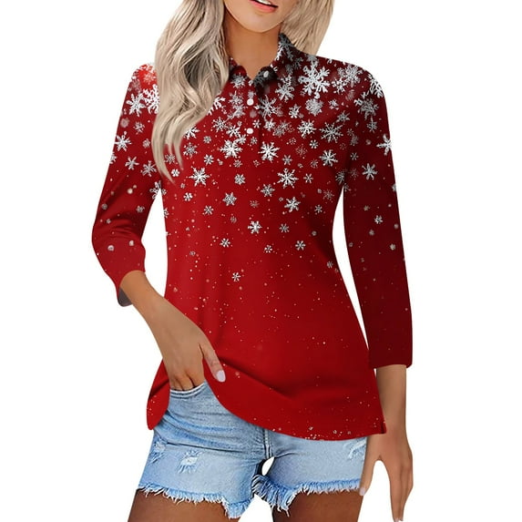 BDPORKAS Womens 3/4 Sleeve Tops Lapel Collar Christmas Polo Shirts Cute Xmas Print Casual Blouses Three Quarter Length Tunic Tops