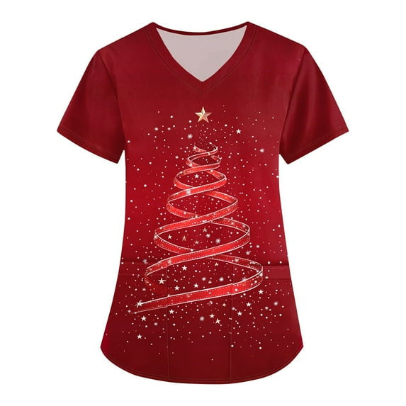 BDPORKAS Womens Christmas Scrub Shirts V Neck Nursing Blouse Xmas Print Short Sleeve Breathable Scrubs Tops Holiday Workwear