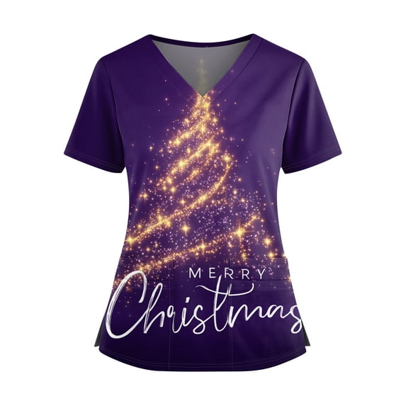 BDPORKAS Womens Christmas Scrubs Cute Santa Snowman Nursing Uniform Graphic Print Stretch Scurb Tops Holiday Tee Workwear