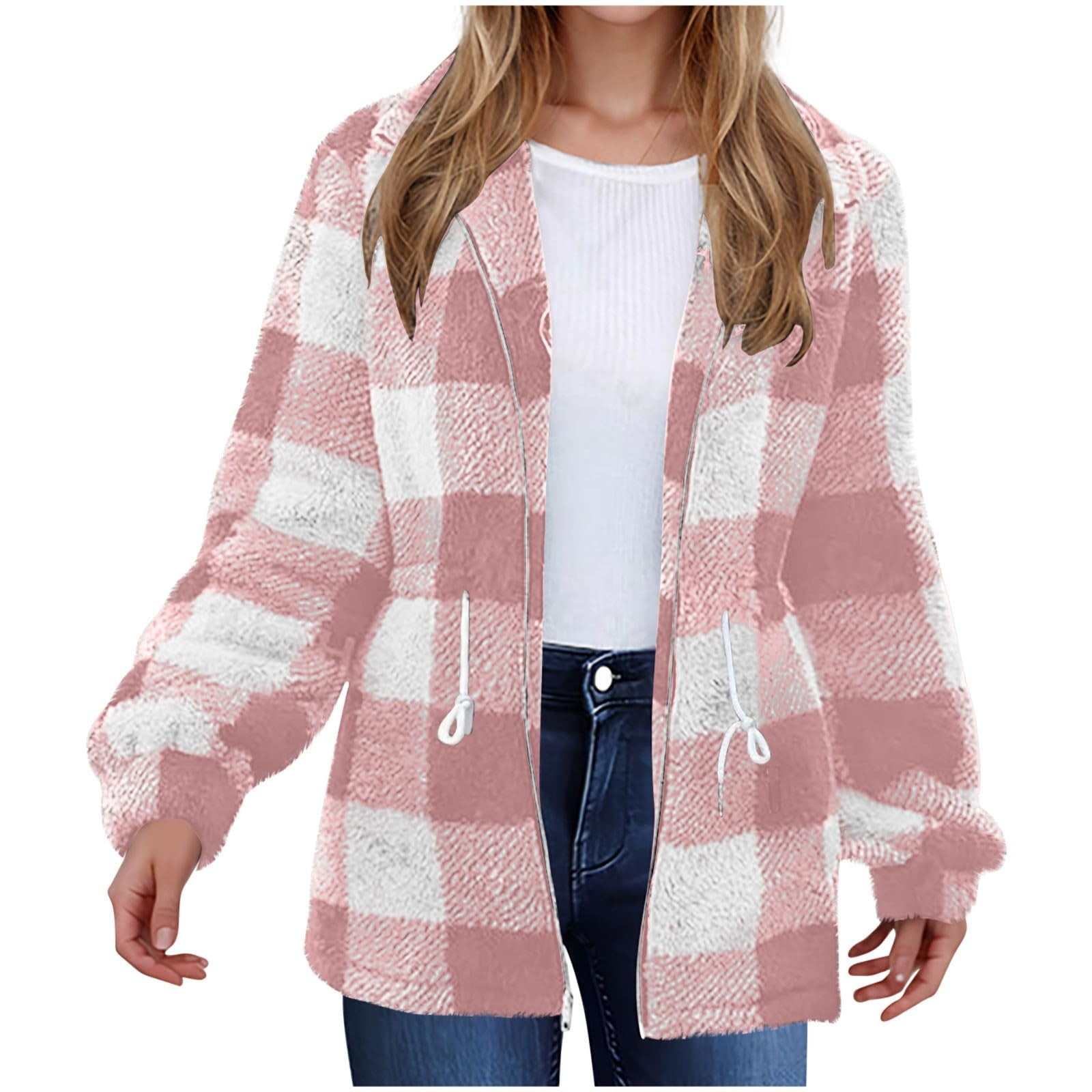 BDPORKAS Womens Fuzzy Sherpa Fleece Jacket Zip Up Collar Plaid
