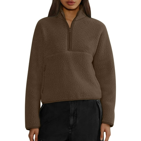 BDPORKAS Womens Hoodies Zip Up Fuzzy Fleece Quarter Zip Pullover Women Soft Warm Cropped Sweatshirts for Women Fall Winter Clothes 2024 Camel S