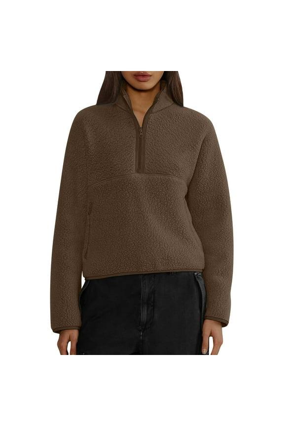 Womens Hoodies Zip Up Sherpa Fleece 1/4 Zip Pullover Women Soft Warm Cropped Sweatshirt Fall Winter Clothes 2024 Camel M