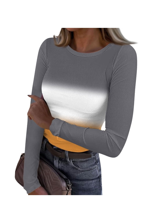 Womens Long Sleeve Stretch Crewneck Ribbed T-Shirt Fitted Casual Basic Tops