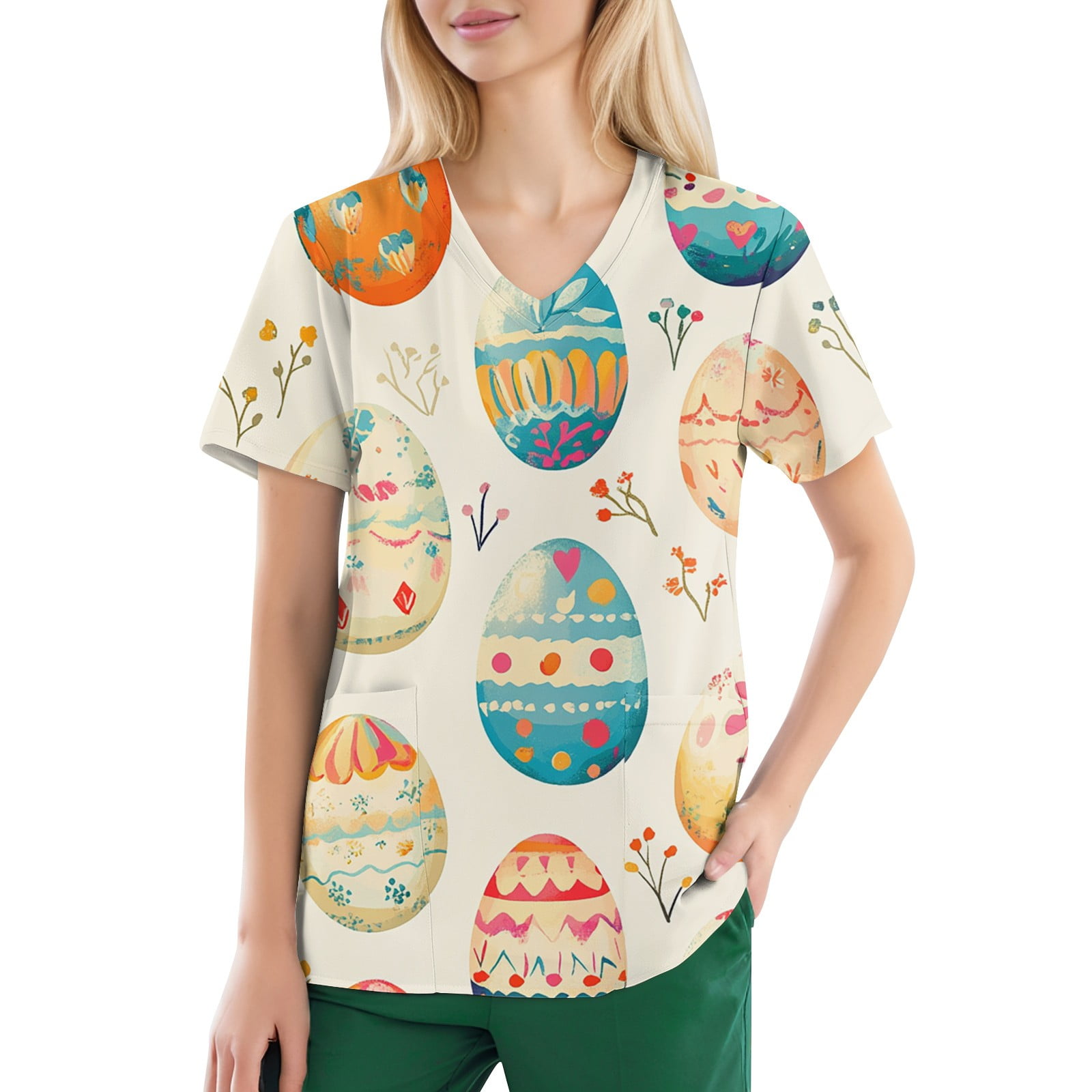 BDPORKAS Womens Nursing Scrub Tops Easter Eggs Bunny Rabbit Printed ...