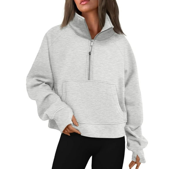 BDPORKAS Womens Oversized Half Zip Long Sleeve Pullover Sweatshirt Quarter Zip Sweatshirts Fall Y2K Trendy Tops Light Gray S