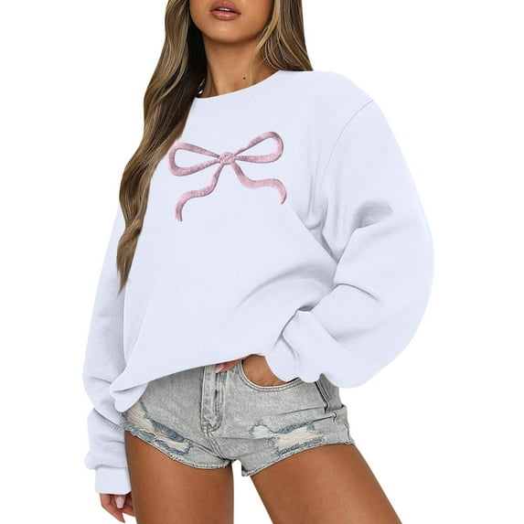 BDPORKAS Womens Pink Bow Sweatshirt Coquette Sweater - Y2k Sweatshirts Cute Aesthetic Shirt Fall Crew Neck Pullover Tops White L