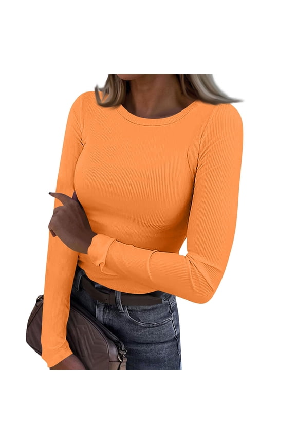 Womens Rib Knit Tunic Tops Plus Size Crew Neck Ribbed Long Sleeve Shirts for Women Slim Fit Ladies Casual Pullover Tops Orange