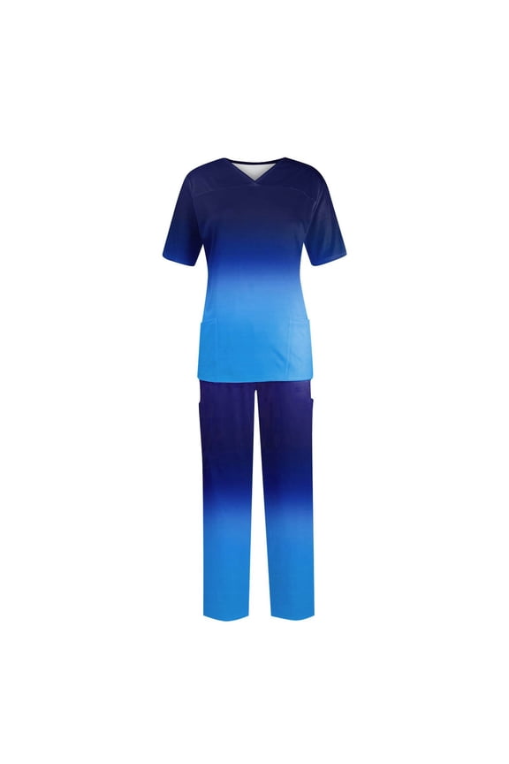 Womens Scrub Sets Cozy Fit Stretchy V Neck Top & Pants Gradient Comfortable with Pockets Plus Size Nursing Scrubs Set