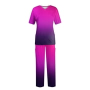 BDPORKAS Womens Scrub Sets Cozy Fit Stretchy V Neck Top & Pants Gradient Comfortable with Pockets Plus Size Nursing Scrubs Set