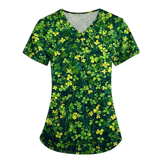 BDPORKAS Womens Scrub Tops Irish Lucky Clover Scrubs Top St. Patrick's Day Printed Graphic Working Uniform St. Patrick's Day Holiday Workwear