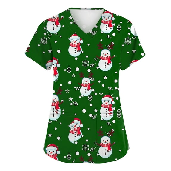 BDPORKAS Womens Scrubs Cute Christmas Nursing Uniform Graphic Santa Snowman Print Lightweight Scurb Tops Holiday Tee Workwear