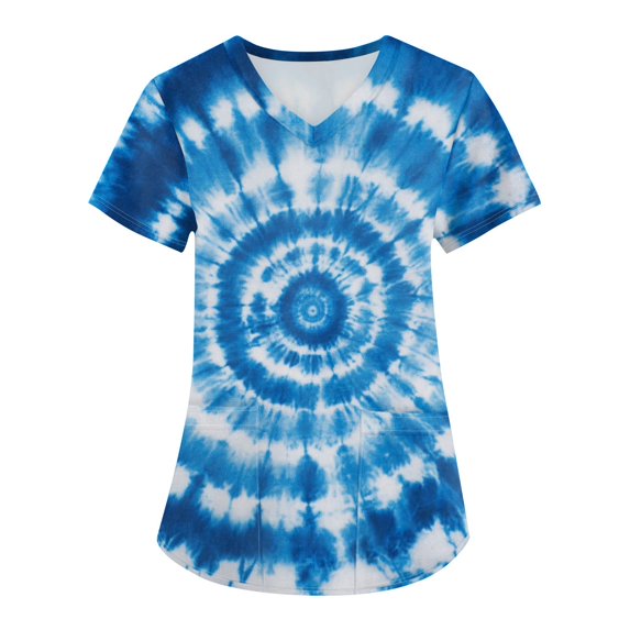 BDPORKAS Womens Scrubs Graphic Tie Dye Fashion Holiday Workwear Lightweight V Neck Short Sleeve Comfy Holiday Shirts Pocketed