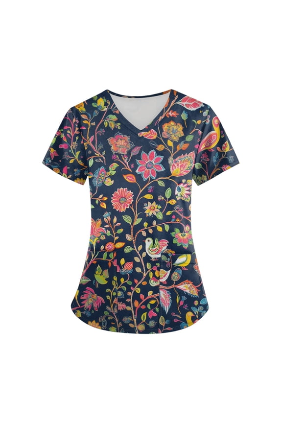 Womens Scrubs Nurse Uniforms Breathable Short Sleeve V Neck Scrubs Uniform Characters Cartoon Cute Comfy Shirts with Pocket