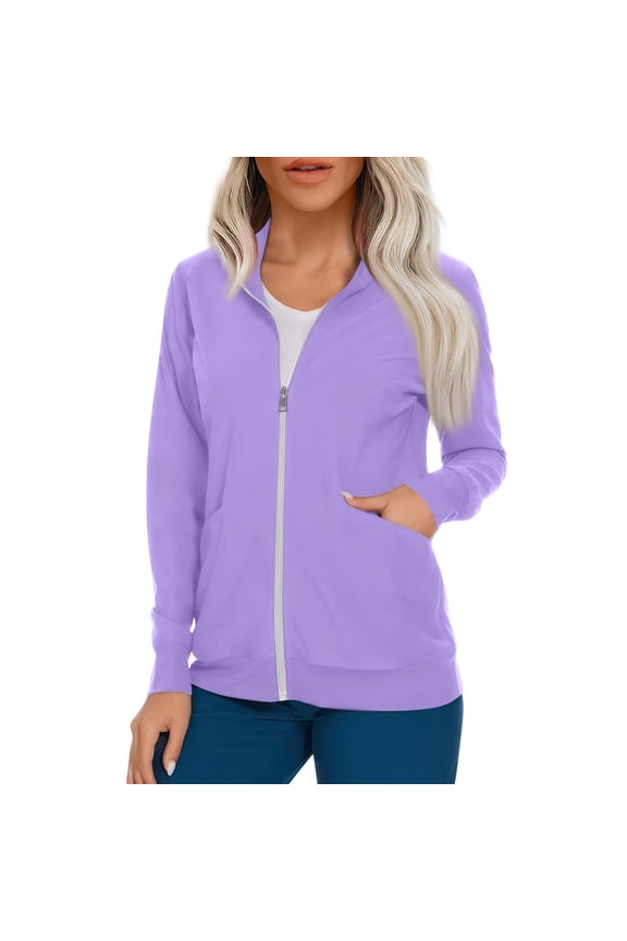 Womens Scrubs Plus Size Stretch Scrub Jackets for Women Full Zip Up Long Sleeve Cardigan Nursing Tops Workwear Working Uniform