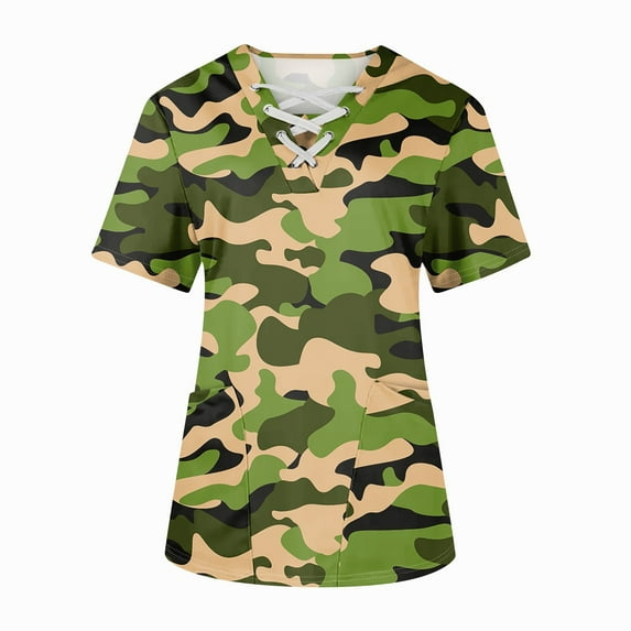 BDPORKAS Womens Scrubs Top Medical Workwear Cross V Neck Graphic Camo Print Working Nurse Uniforms Plus Size Stretchy Nursing Short Sleeve Tee Tops with Pockets